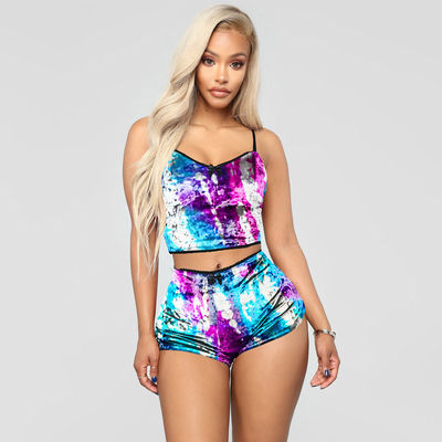 Babydoll Bra And Panty Set Tie Dyed 2 Piece Velvet Satin Pajama Straps Camisole Top With Shorts